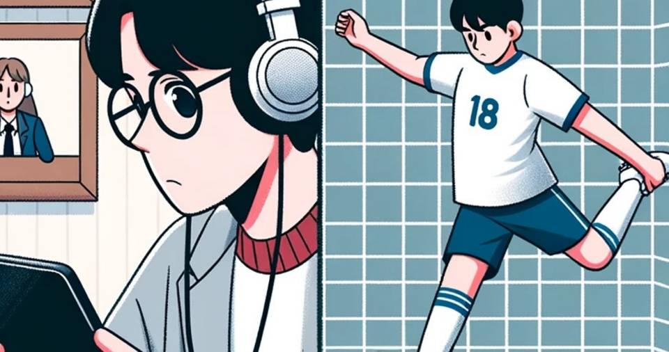 オンラインで勉強する生徒と、サッカーをする生徒のイラスト