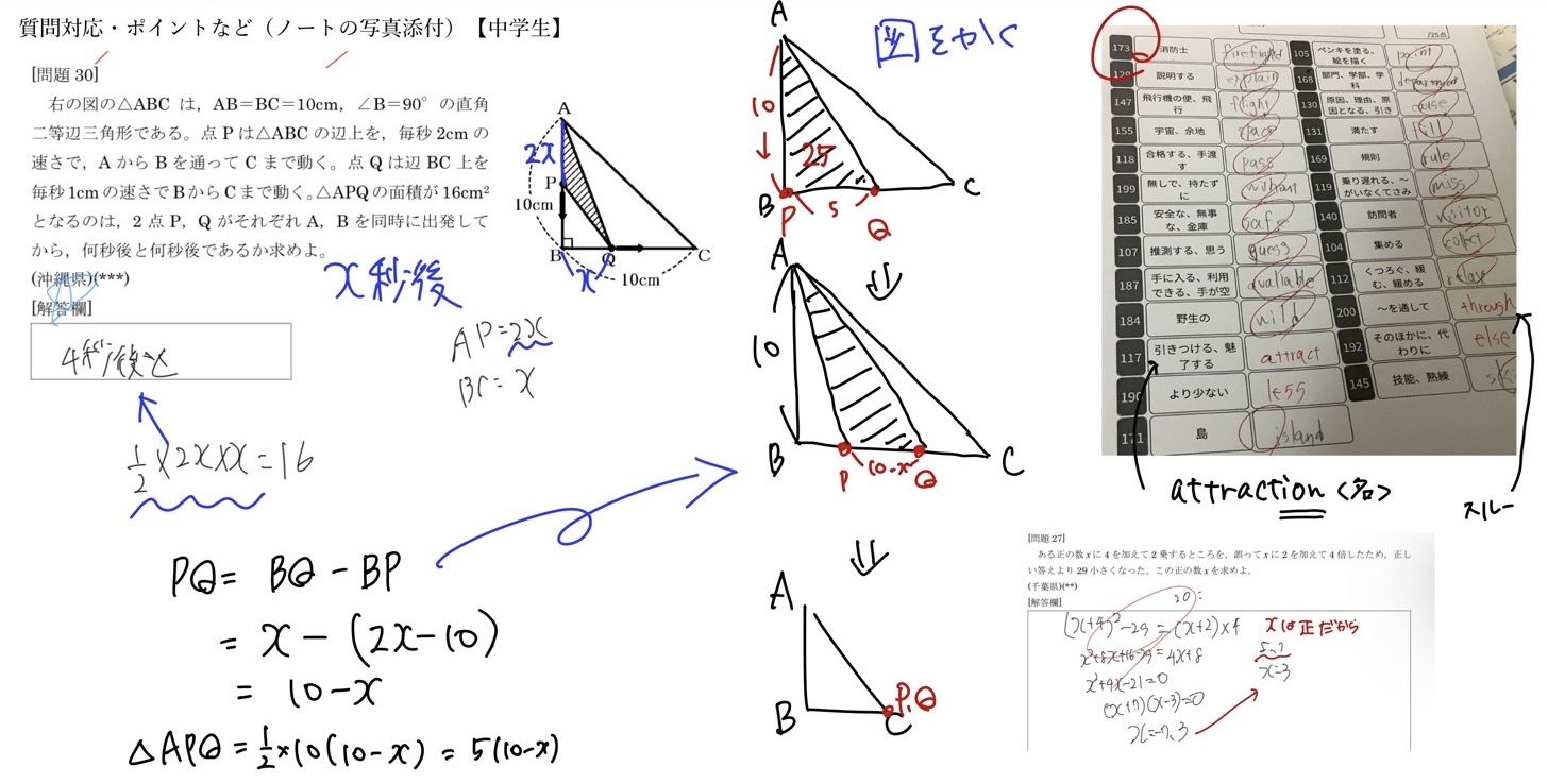 中学生の指導レポート。数学の図形の動点問題を図で段階的に解説し、英単語テストのつづりを添削している